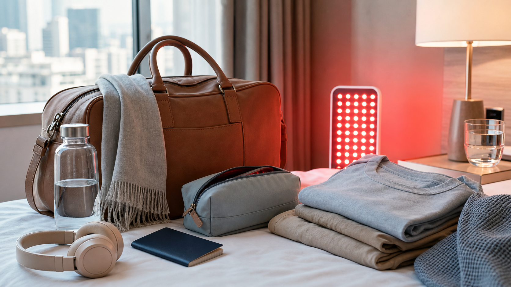 Editorial cover image for SOLRA article: Red Light Wellness While Traveling: Portable Routines & On-the-Road Tips