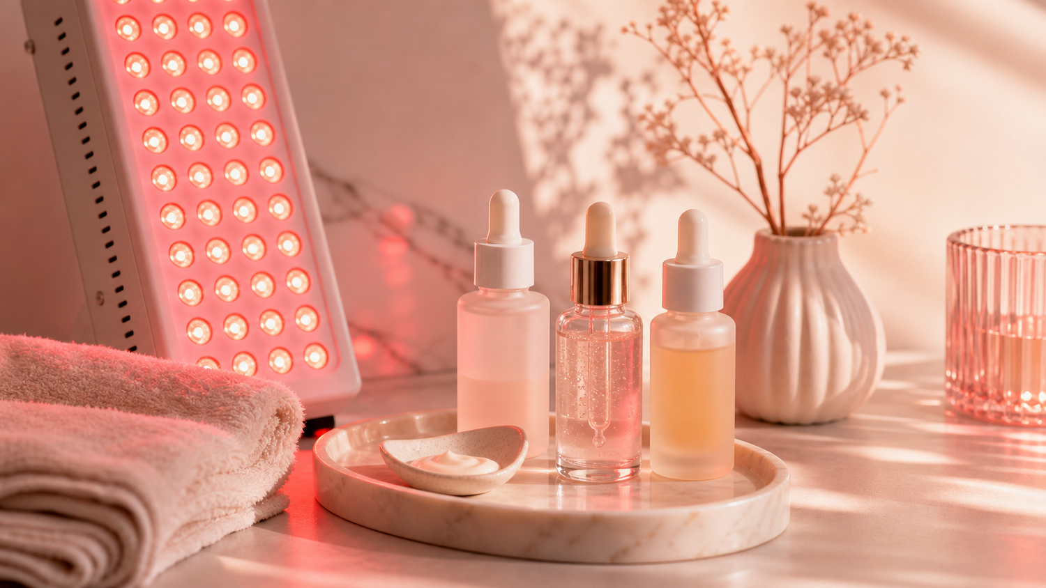Editorial cover image for SOLRA article: Layering Red Light Wellness With Vitamin C, Retinoids & Niacinamide