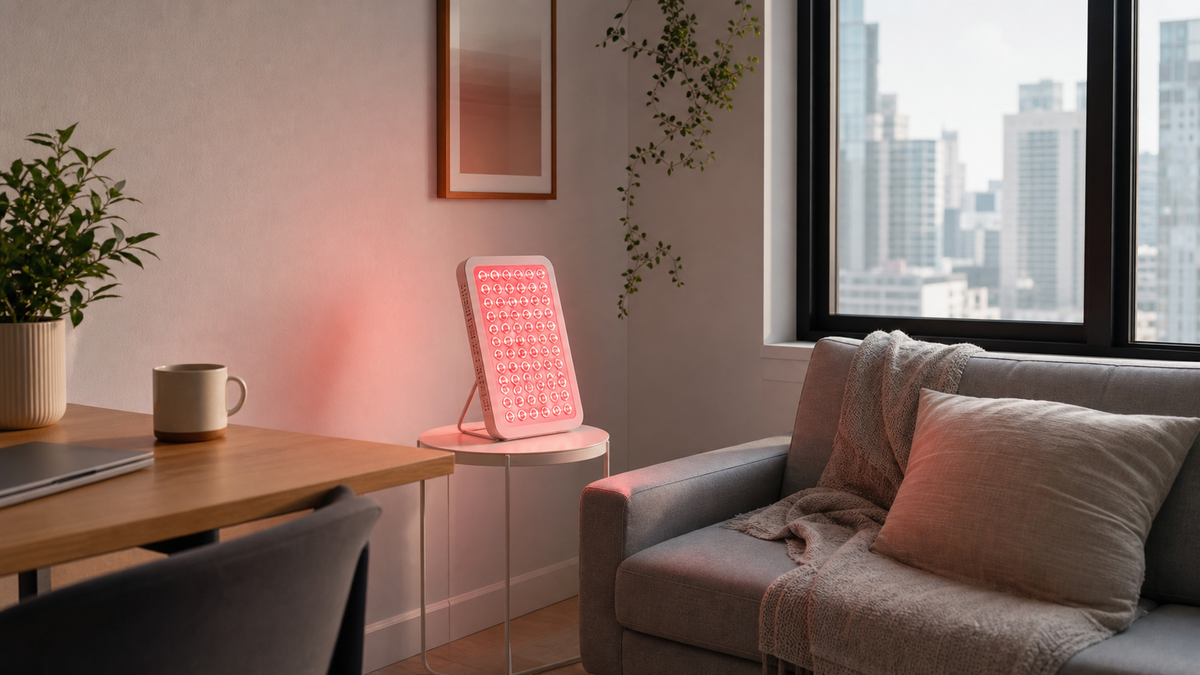 SOLRA blog cover: A Renter-Friendly Red Light Panel Setup: No Drilling Required