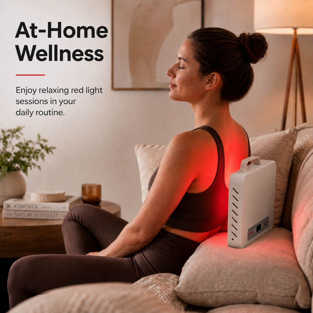 At-home wellness — relaxing red light session on the back while seated on a couch
