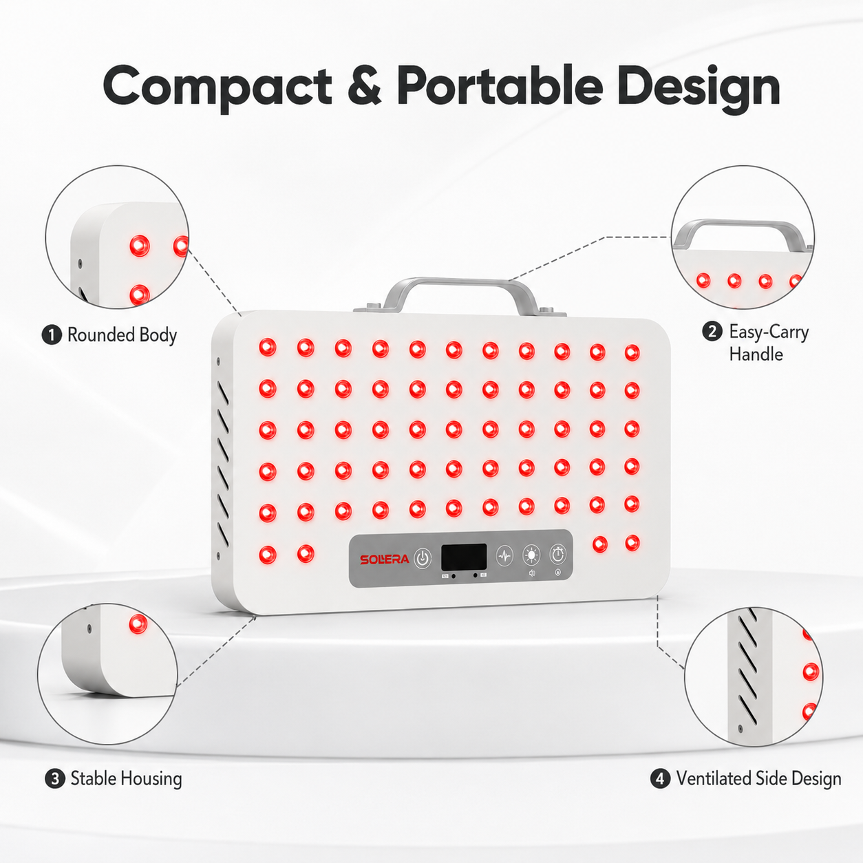 Compact and portable design: rounded body, easy-carry handle, stable housing, ventilated sides