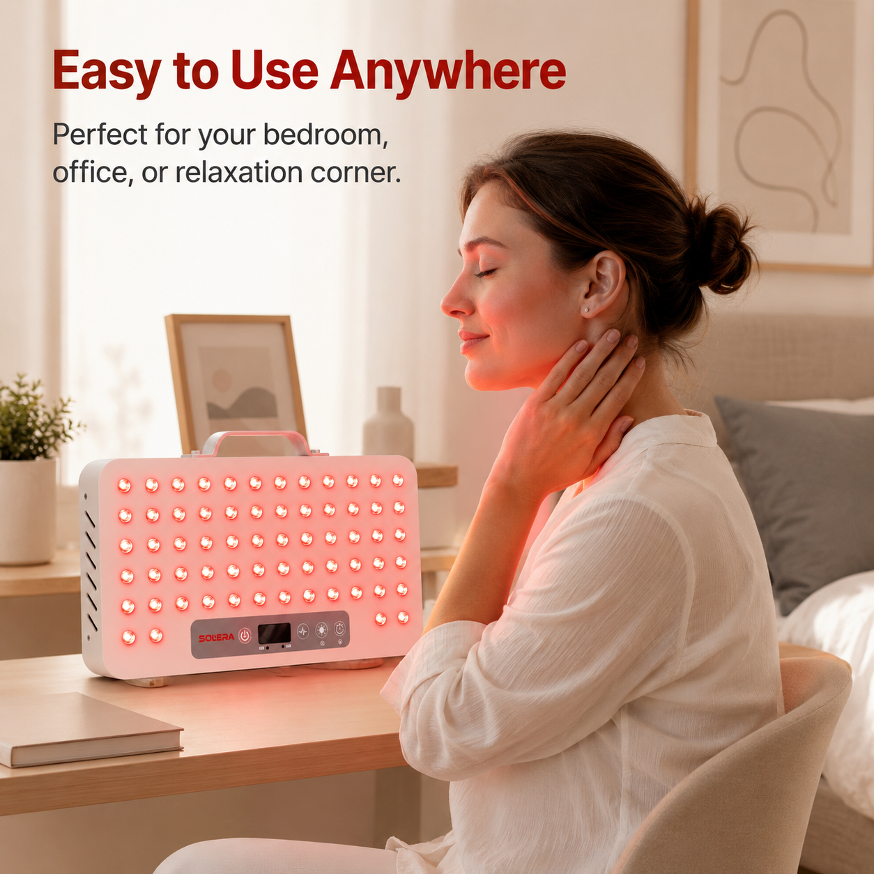 Easy to use anywhere — portable red light panel on a desk for the neck, bedroom or office