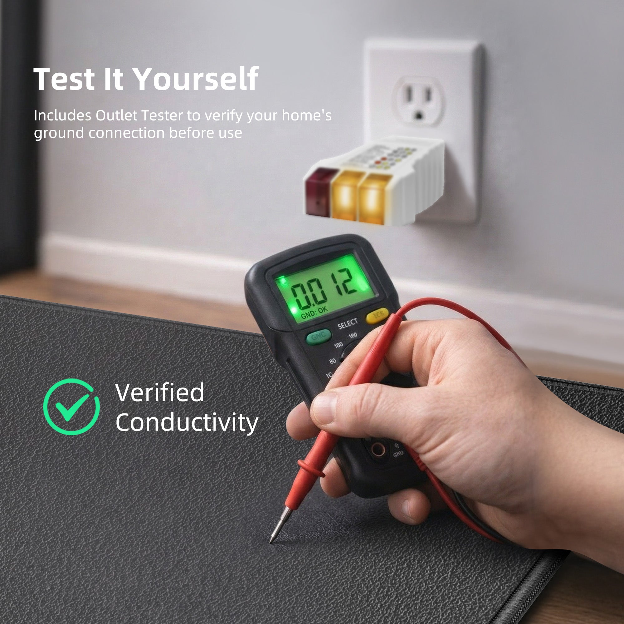 Includes an outlet ground tester to verify your home ground