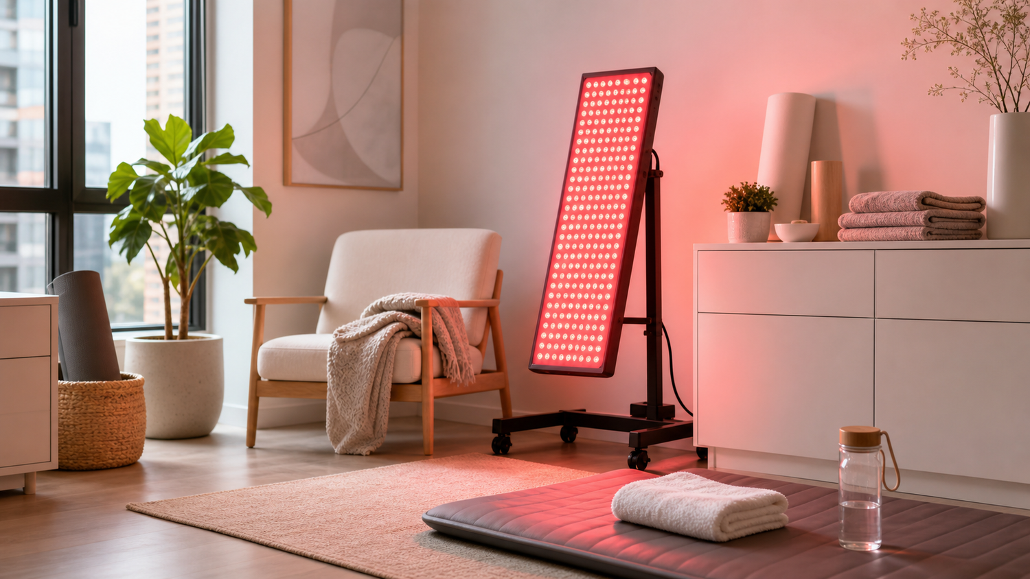 Editorial cover image for SOLRA article: How to Set Up a Red Light Panel at Home: Face, Back, Desk, and Recovery Routines