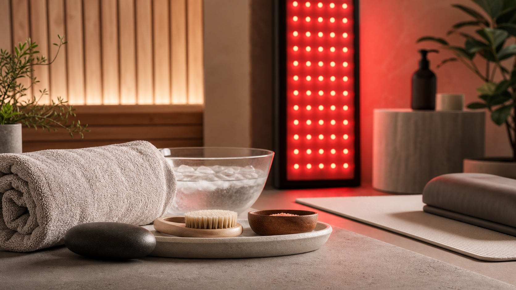 Editorial cover image for SOLRA article: Stacking Wellness Practices: Red Light + Sauna, Cold Plunge, Massage & More