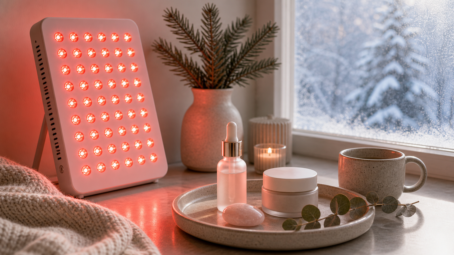 Editorial cover image for SOLRA article: Red Light Wellness in Winter: Seasonal Skin, Mood, and Recovery Routines