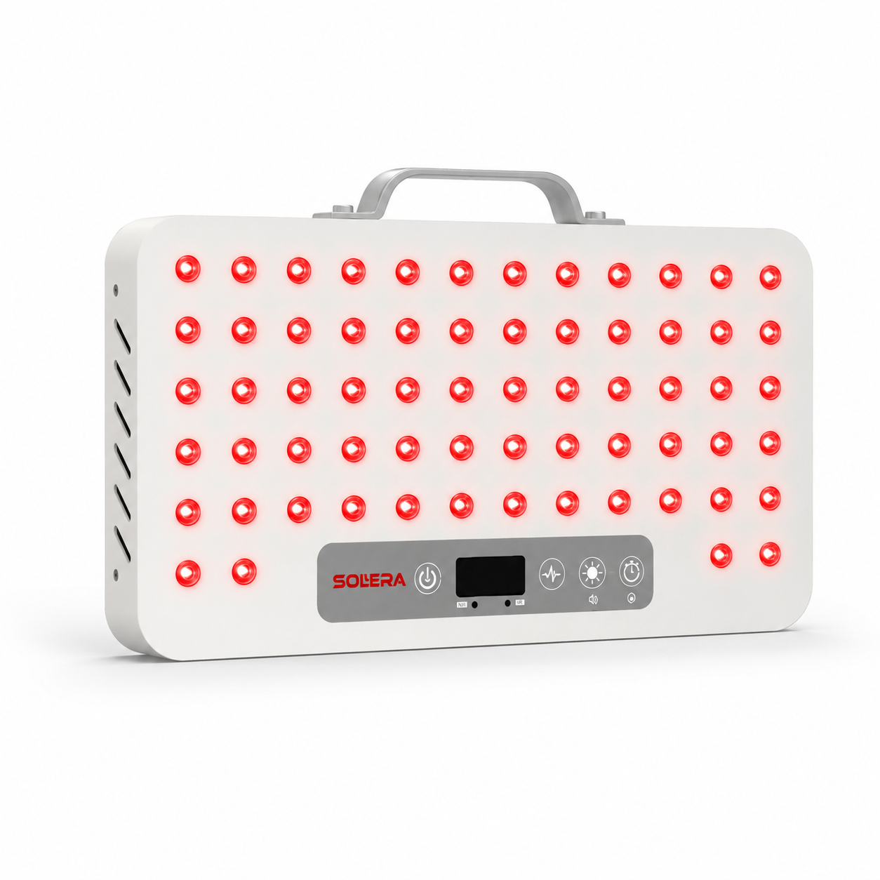 SOLRA portable red light panel, 64 LEDs lit, angled hero view with carry handle