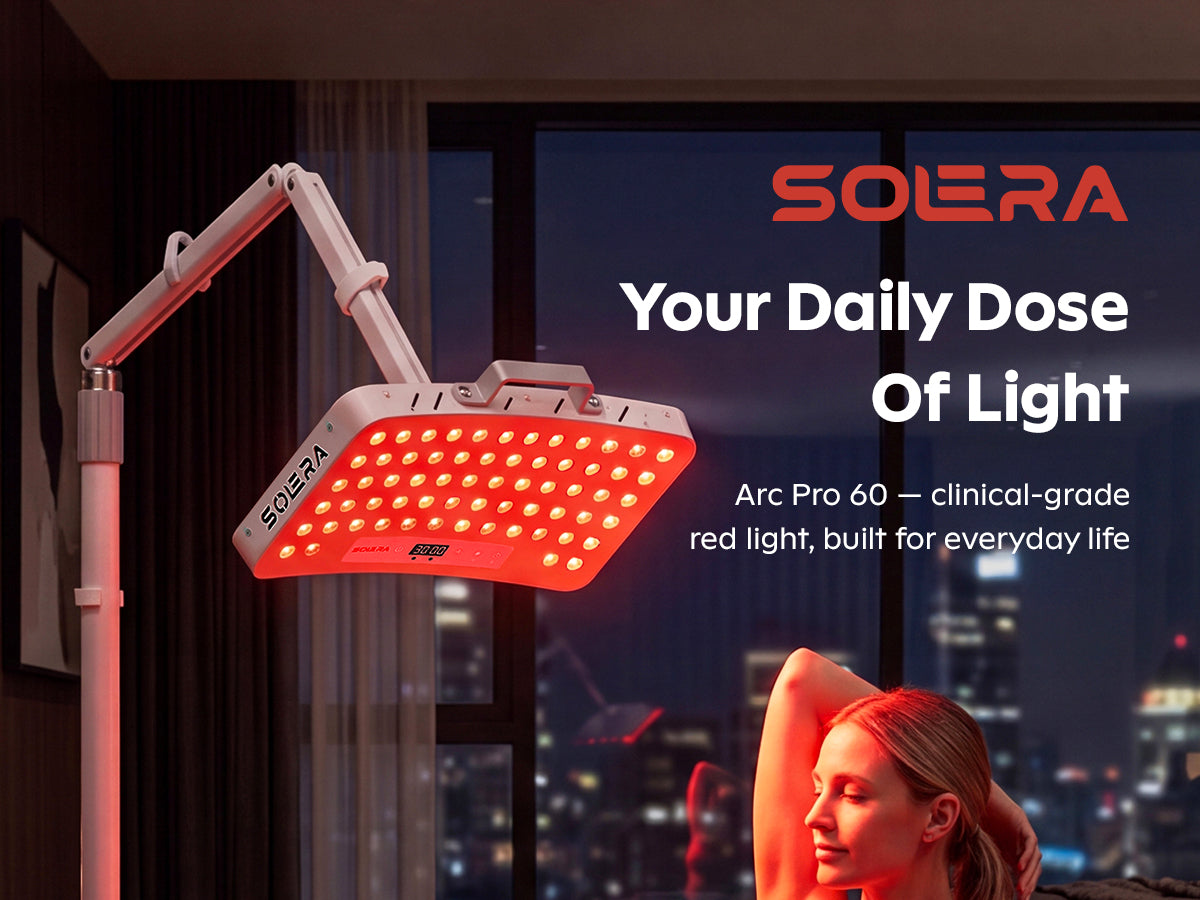 SOLRA portable red light panel with 64 LEDs on an adjustable stand in a home wellness setting