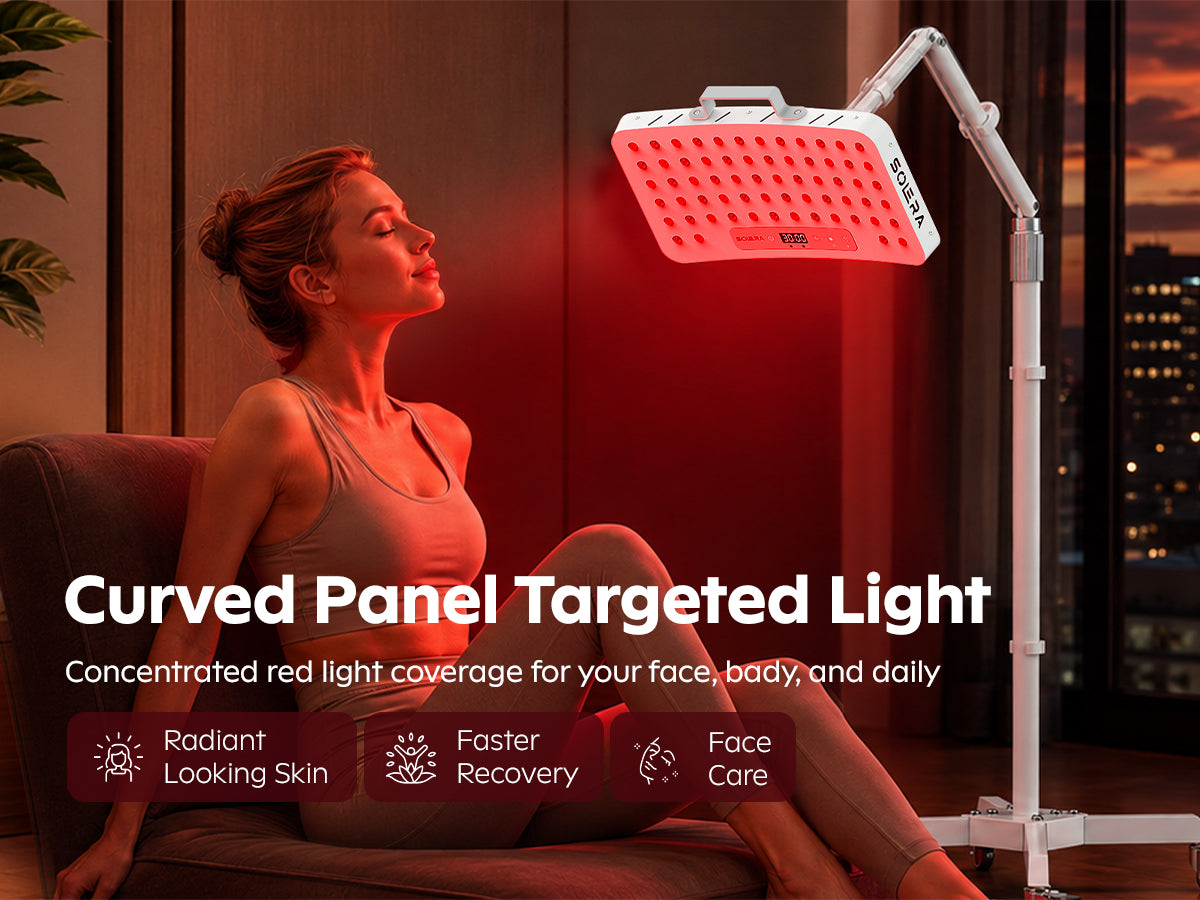 SOLRA portable red light panel on an adjustable floor stand beside a woman relaxing at home