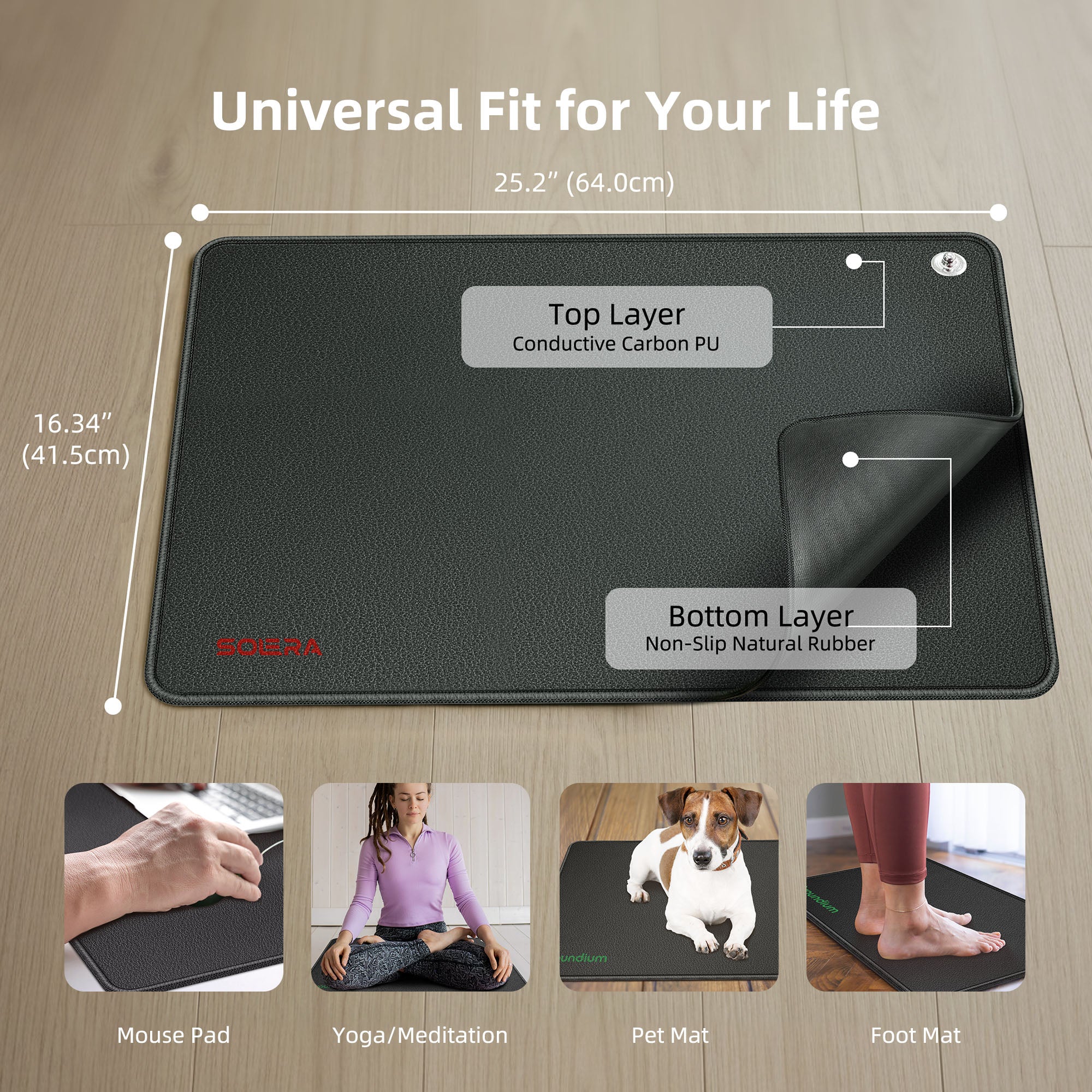 Universal fit: 25.2 x 16.34 inches, conductive carbon PU top, non-slip rubber base