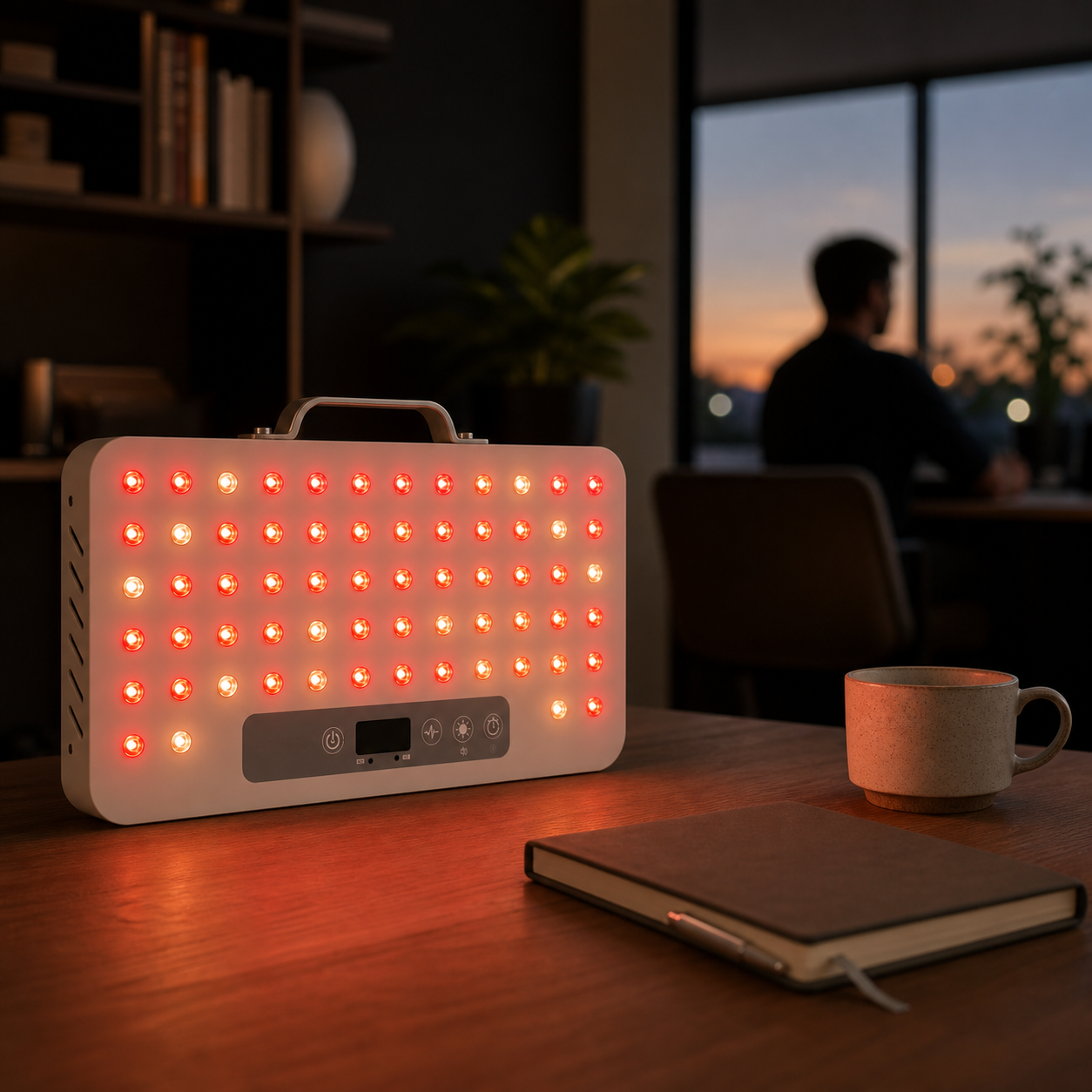 SOLRA portable red light panel in a quiet home office wellness ritual
