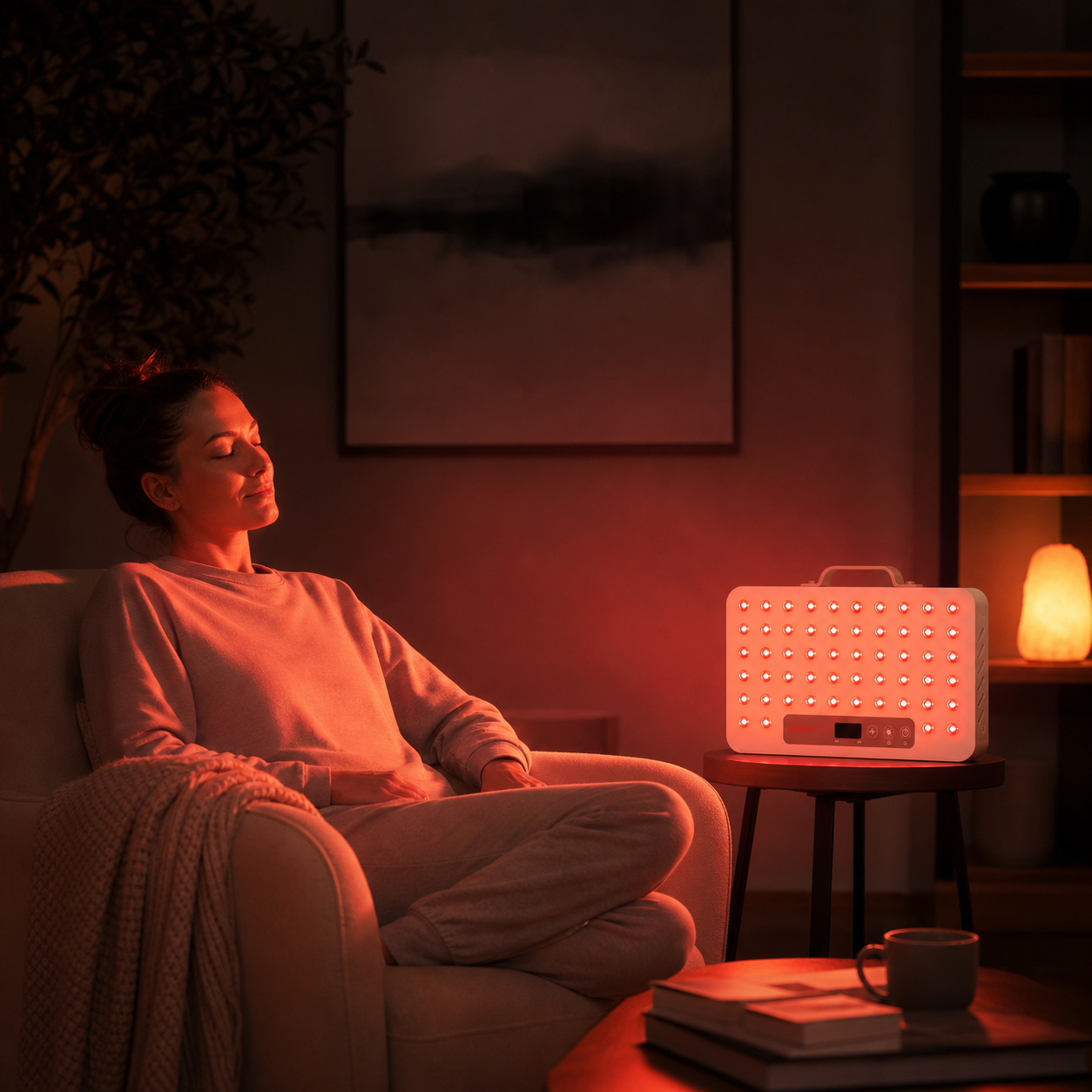 SOLRA portable red light panel during a relaxed evening at home