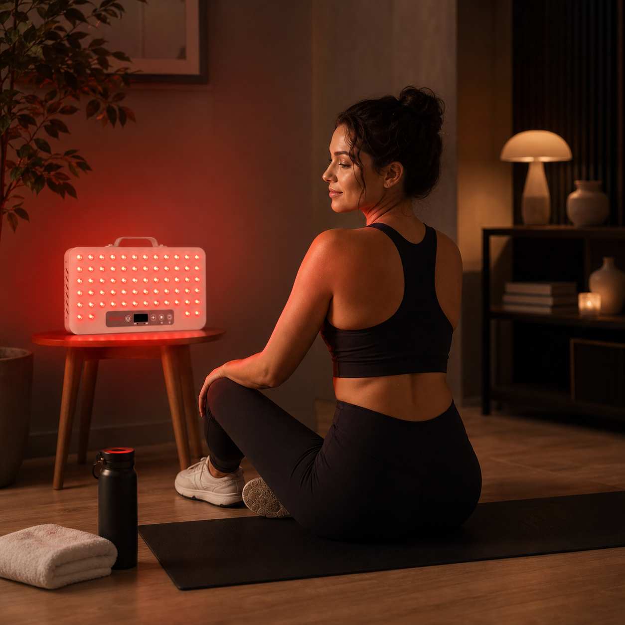 SOLRA portable red light panel in a calm post-workout home routine